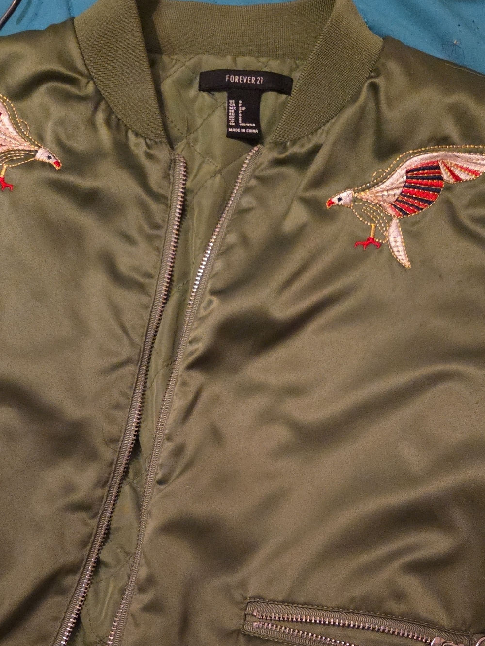 Forever 21 Olive Satin Bomber Jacket with Embroidered Birds